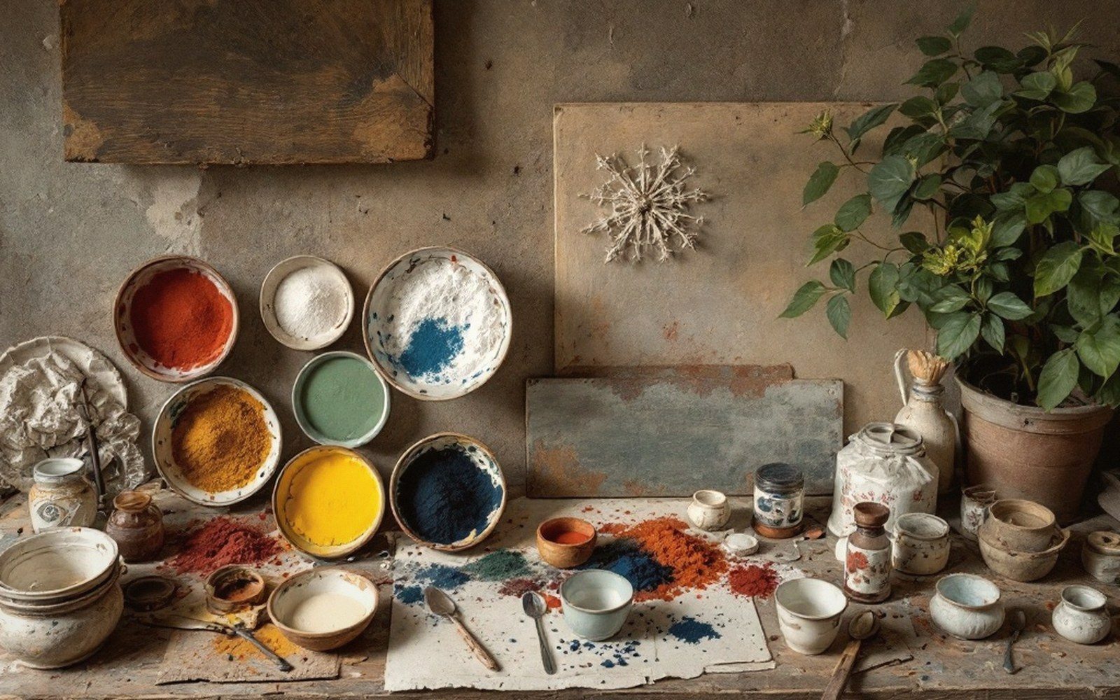 Ground pigments in small dishes on a workshop bench